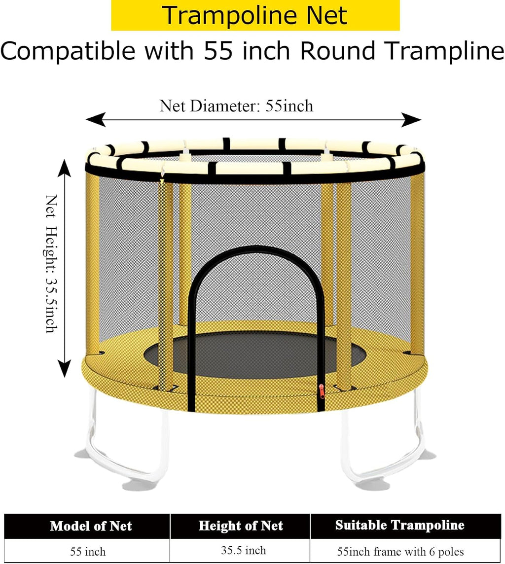 55" 60" Trampoline Replacement Net with Zipper and Hooks, Breathable and Tear Resistant, Trampoline Enclosure Net