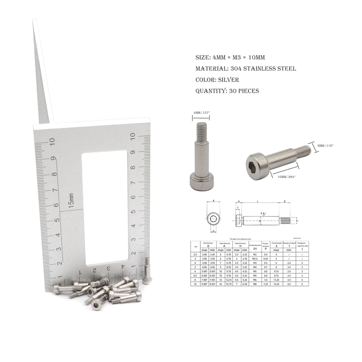30pcs Hex Socket Shoulder Bolt, 4mm x M3 x 10mm Hex Socket Shoulder Bolt, 304 Stainless Steel (Silvery)