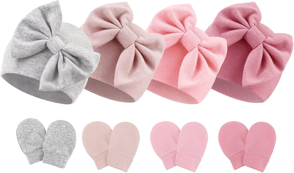 BQUBO Newborn Baby Hats Mittens Set Cotton Hospital Hat Preemie Infant Bow Hats No Scratch Mittens for Baby Girls 0-6