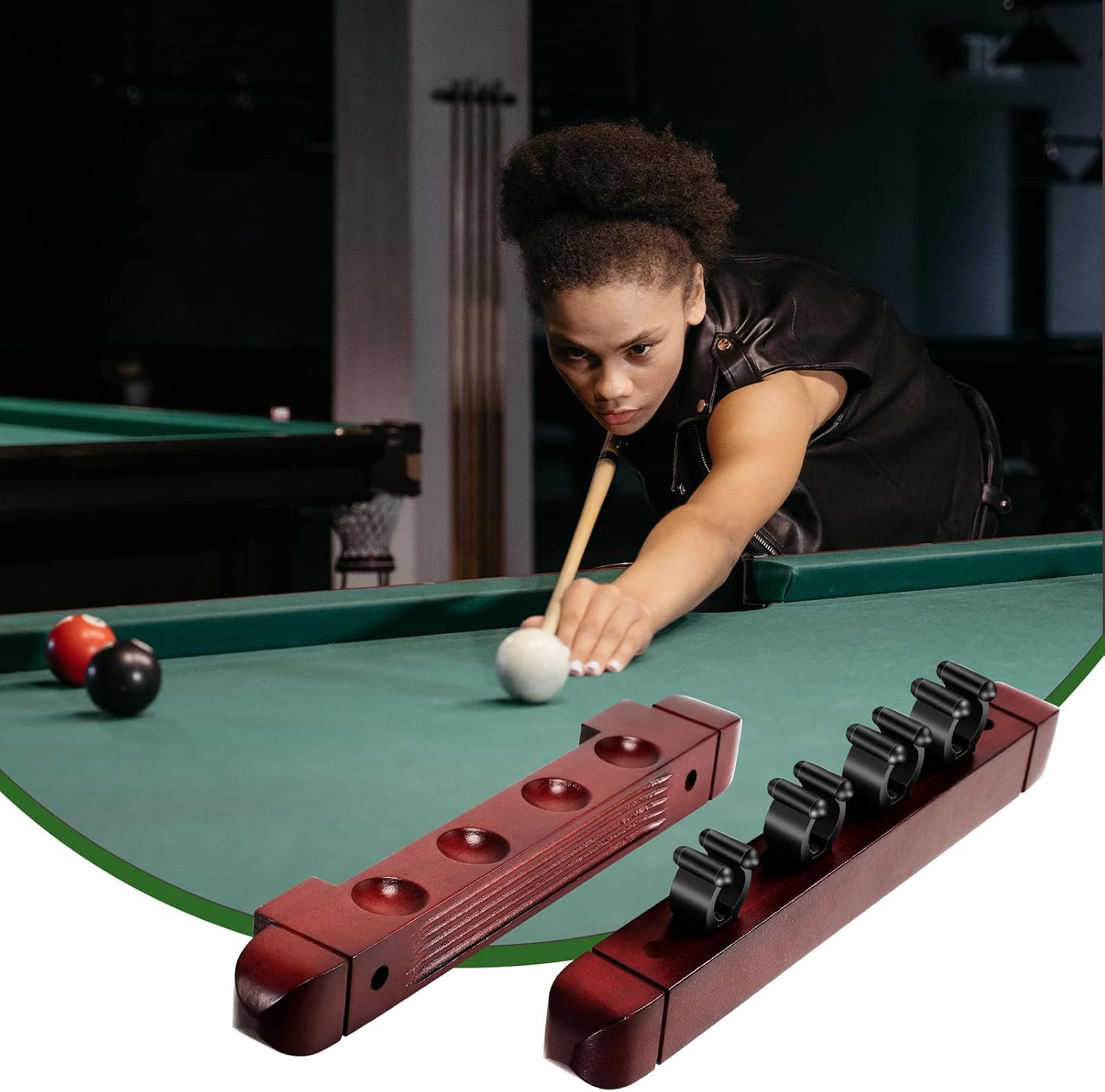 2 Piece 4 Pool Cues Wood Wall Rack with Clips Wall Mounted Hardwood Billiard Pool Cue Rack Finish Hardwood Cue Sticks