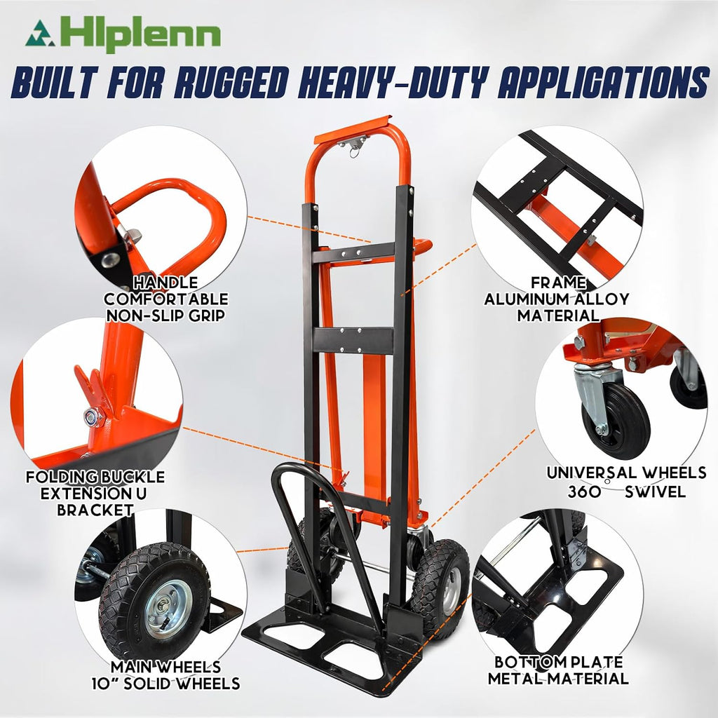 Aluminum 4 in 1 Convertible Hand Truck Dolly with 4 Wheels | 1000LBS Capacity, Includes 2 straps, Ergonomic Handle