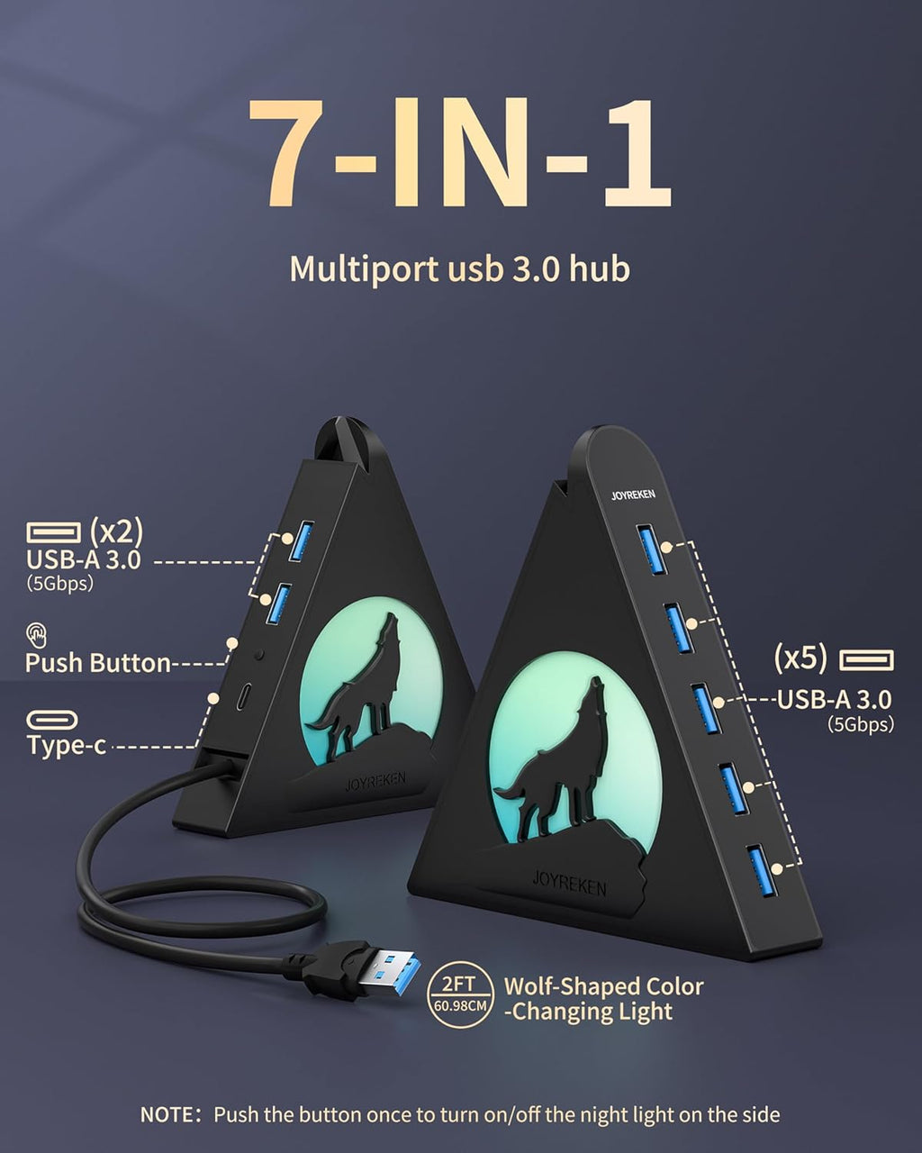 7-Port USB 3.0 Hub, Vertical USB Hub Splitter with RGB Lighting,5Gbps High-Speed Data Transfer and 2FT Extension