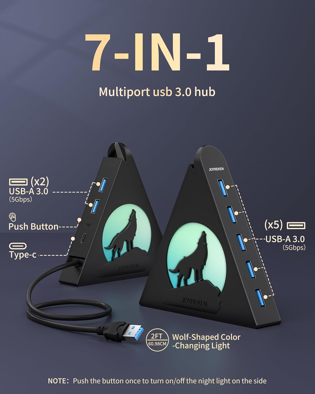 7-Port USB 3.0 Hub, Vertical USB Hub Splitter with RGB Lighting,5Gbps High-Speed Data Transfer and 2FT Extension