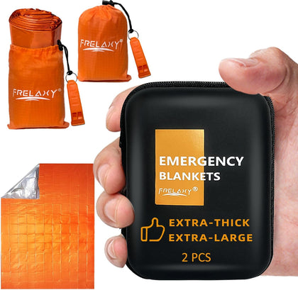 Emergency Blanket 2 Pack, Extra Thick Large Space Blankets | Emergency whistles included, EVA storage case, Heat
