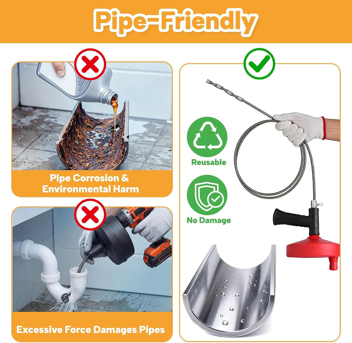 Drain Auger 33 ft, Plumbing Snake Hair Clog Remover | Drain Snake Flexible Grabber Heavy Duty Sink Cleaner Tools for