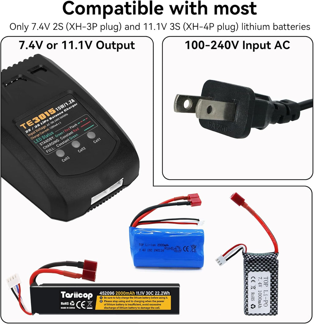 LiPo Battery Charger - 2S 3S RC Batteries Balance Chargers AC 7.4-11.1V 15W 1.2A with XH3P XH4P Plug for RC Car LiPo