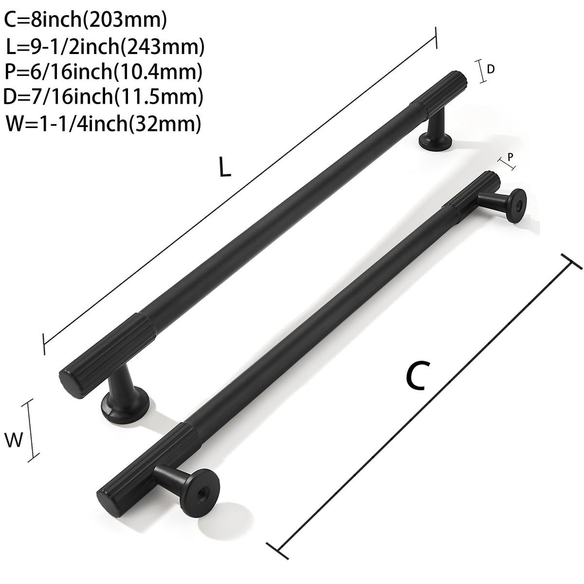 8 Inch Hole Center 2 Pack Matte Black Heavy Duty Solid Cabinet Pulls, Kitchen Drawer Handles