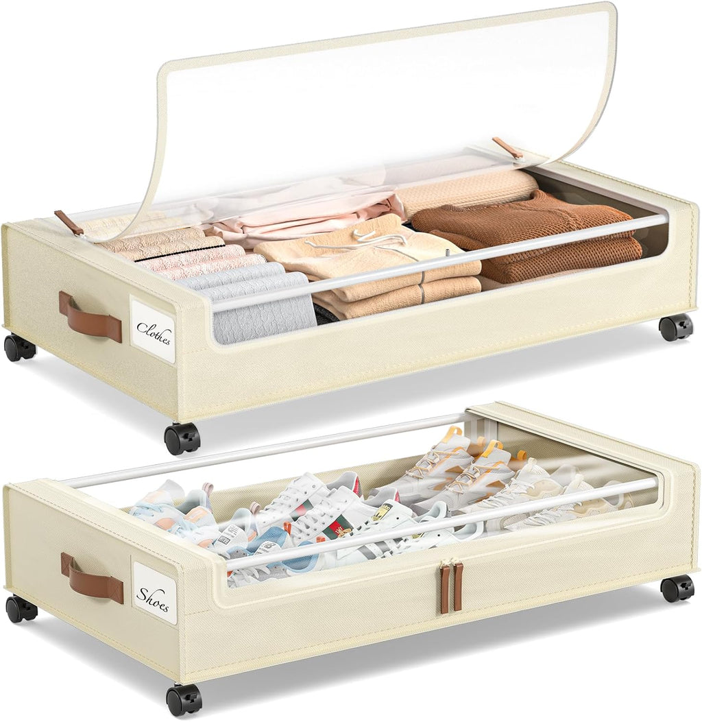 Under Bed Storage with Wheels, 2 Pack Under Bed Storage Containers, 60L Underbed Shoe Storage with Clear Window &