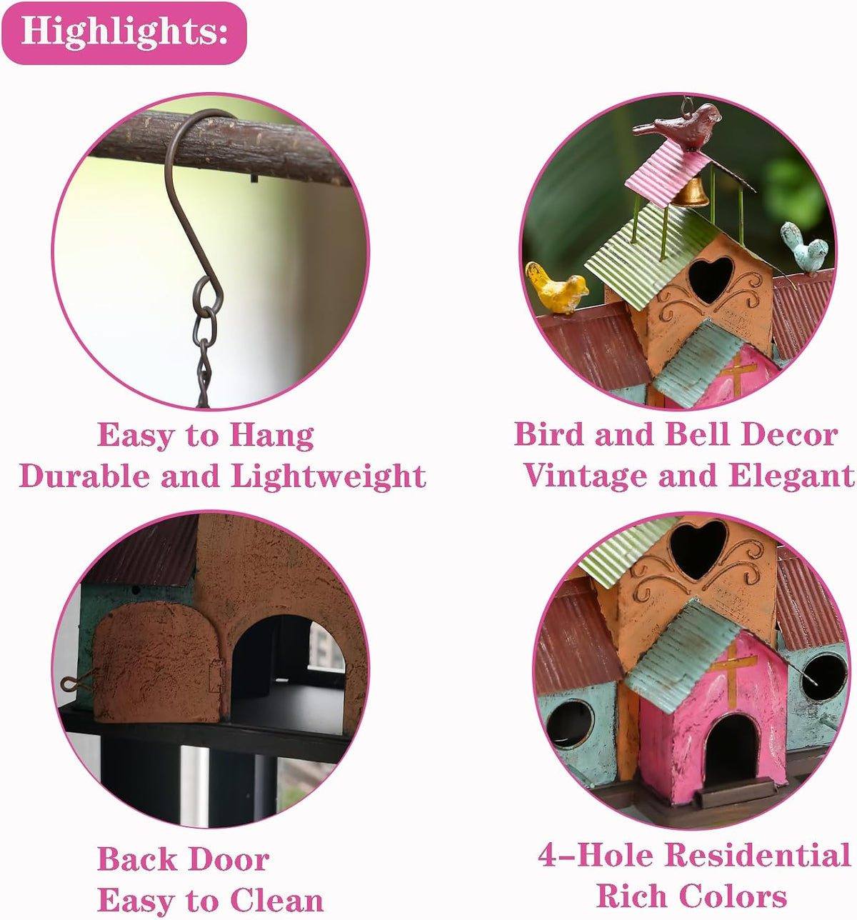 Large Bird Houses for Outside Hanging, 4 Hole Outdoor Bird House with Bell, Easy Clear, Colorful Metal Bird Houses