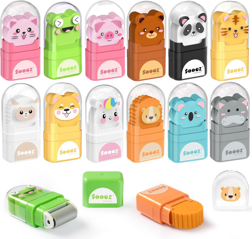 12 Pack Pencil Erasers, Cute Animal Eraser with Clean up Roller and Cover, Latex-Free, Bulk Art Drawing Erasers for