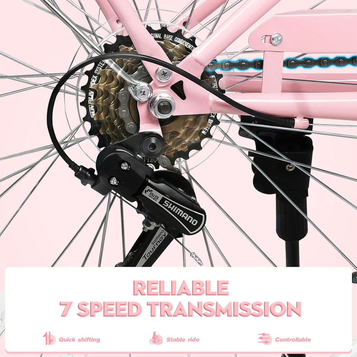 26 Inch Beach Cruiser Bike for Women, Hybrid Womens Bike with 7 Speeds, Adjustable Seat, Lightweight Women Beach