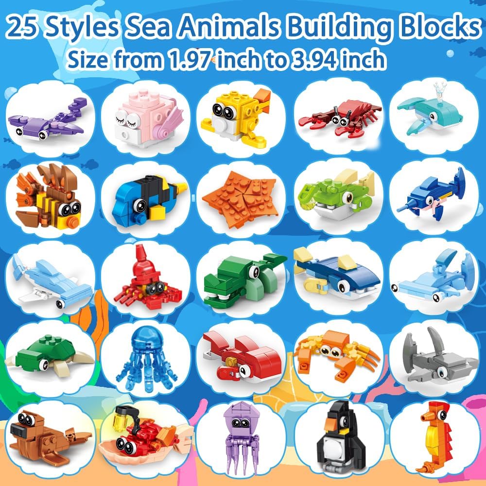 25pcs Building Blocks Bricks Party Favors Toys for Kids Marine Animals Block for Classroom Prizes Birthday Gift