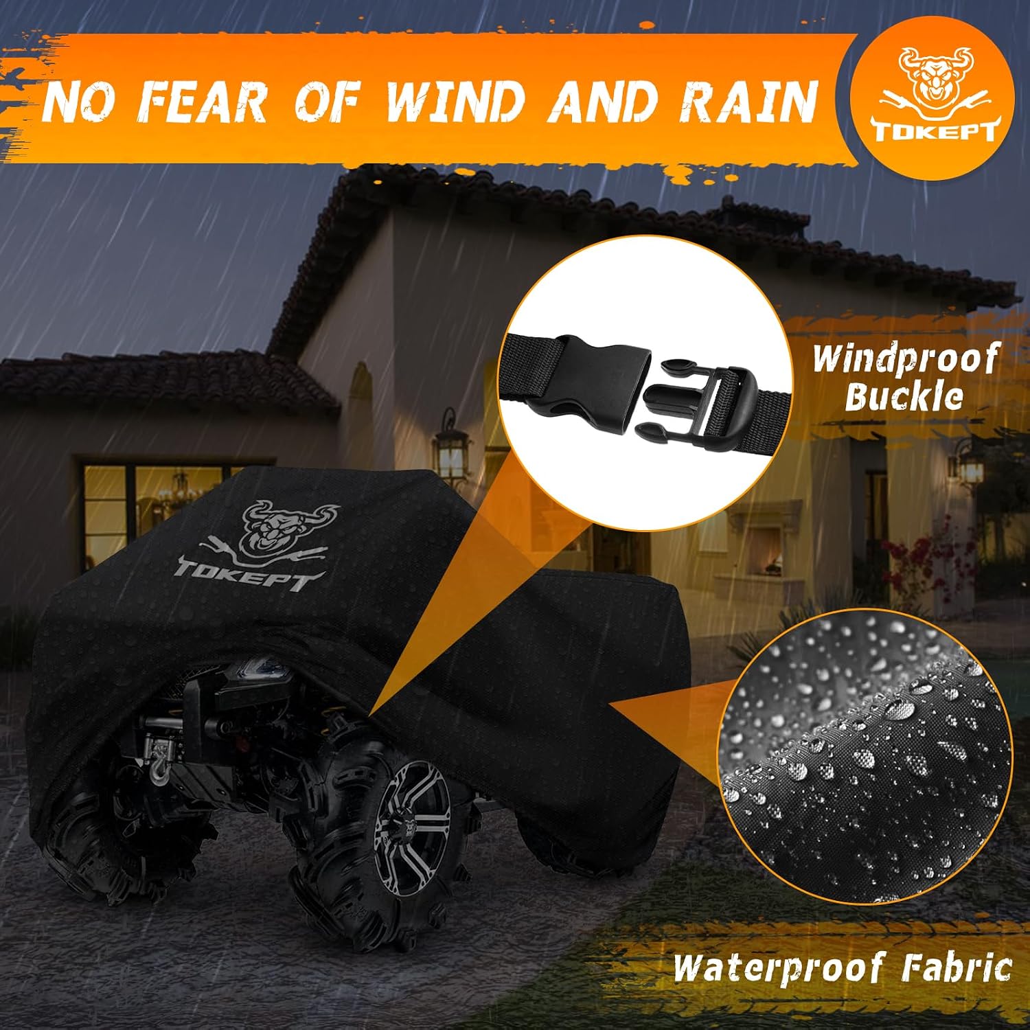 ATV Cover Waterproof 4 Wheeler Cover, Fits up to 57", Black | Outdoor Heavy Duty Oxford Quad Cover with Windproof Buckle
