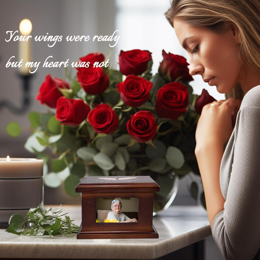 5.5 Inch Small Wooden Memorial Urn with Photo Frame, Keepsake Urn Box for Human/Pet Ashes - Wing