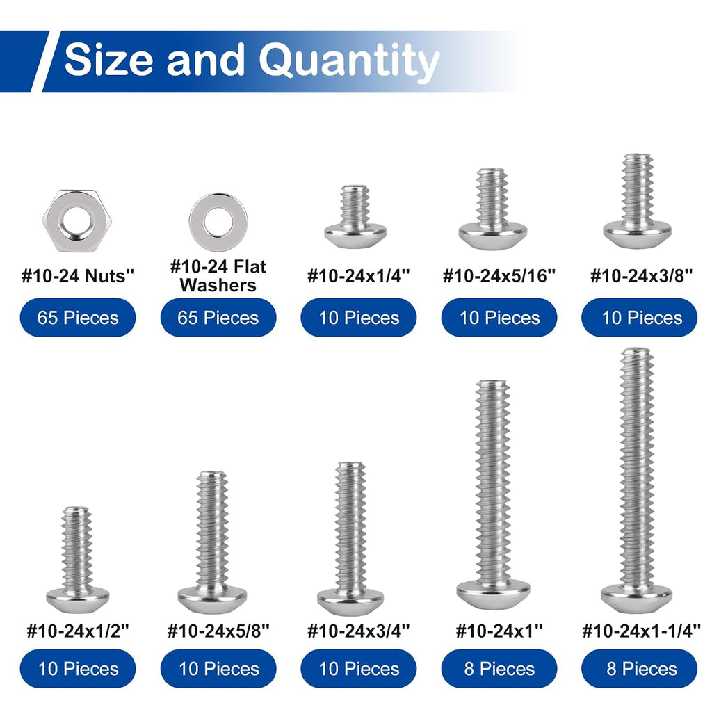 206Pcs #10-24 x 1/4" to 1-1/4" Pan Head Machine Screws Nuts Washers Kit