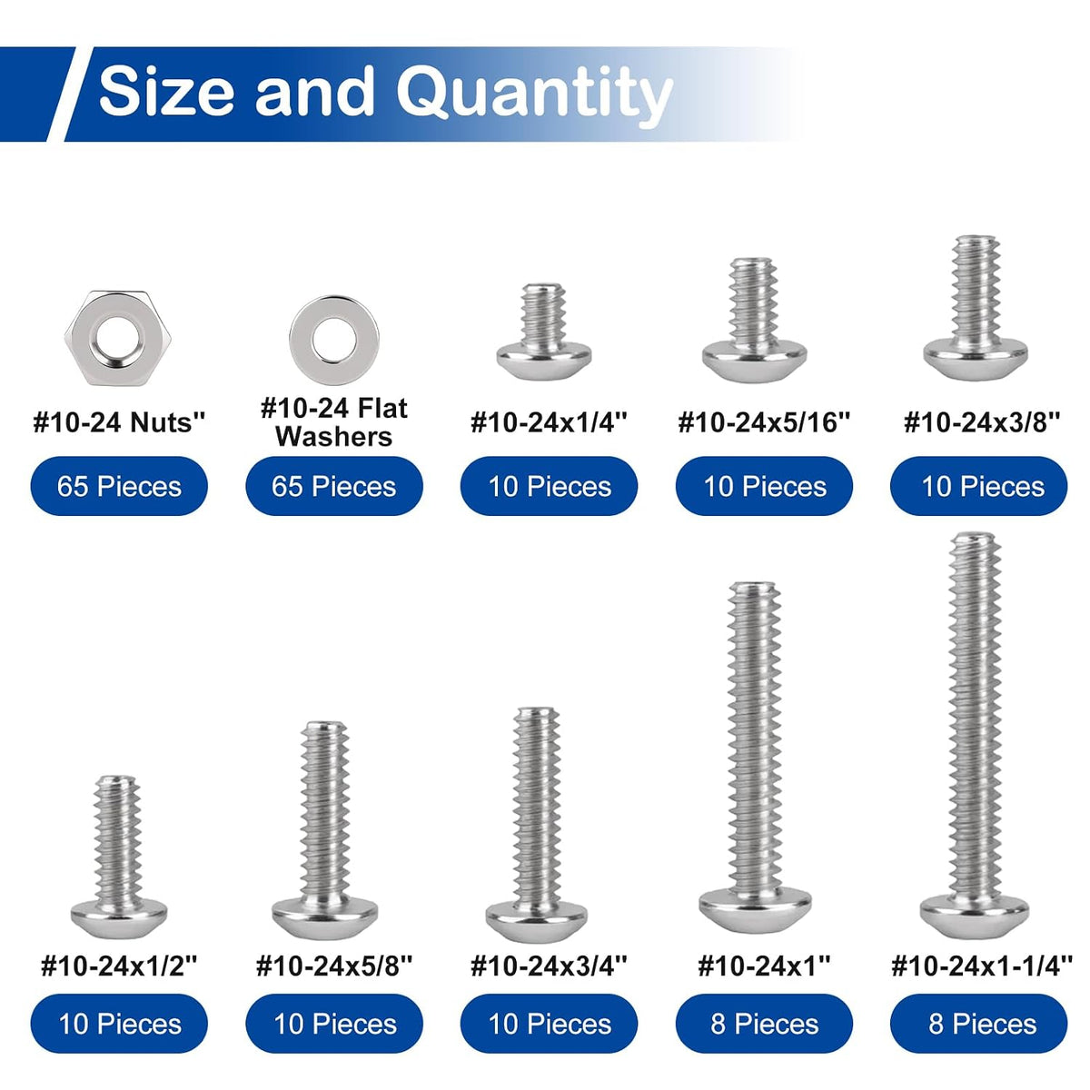 206Pcs #10-24 x 1/4" to 1-1/4" Pan Head Machine Screws Nuts Washers Kit