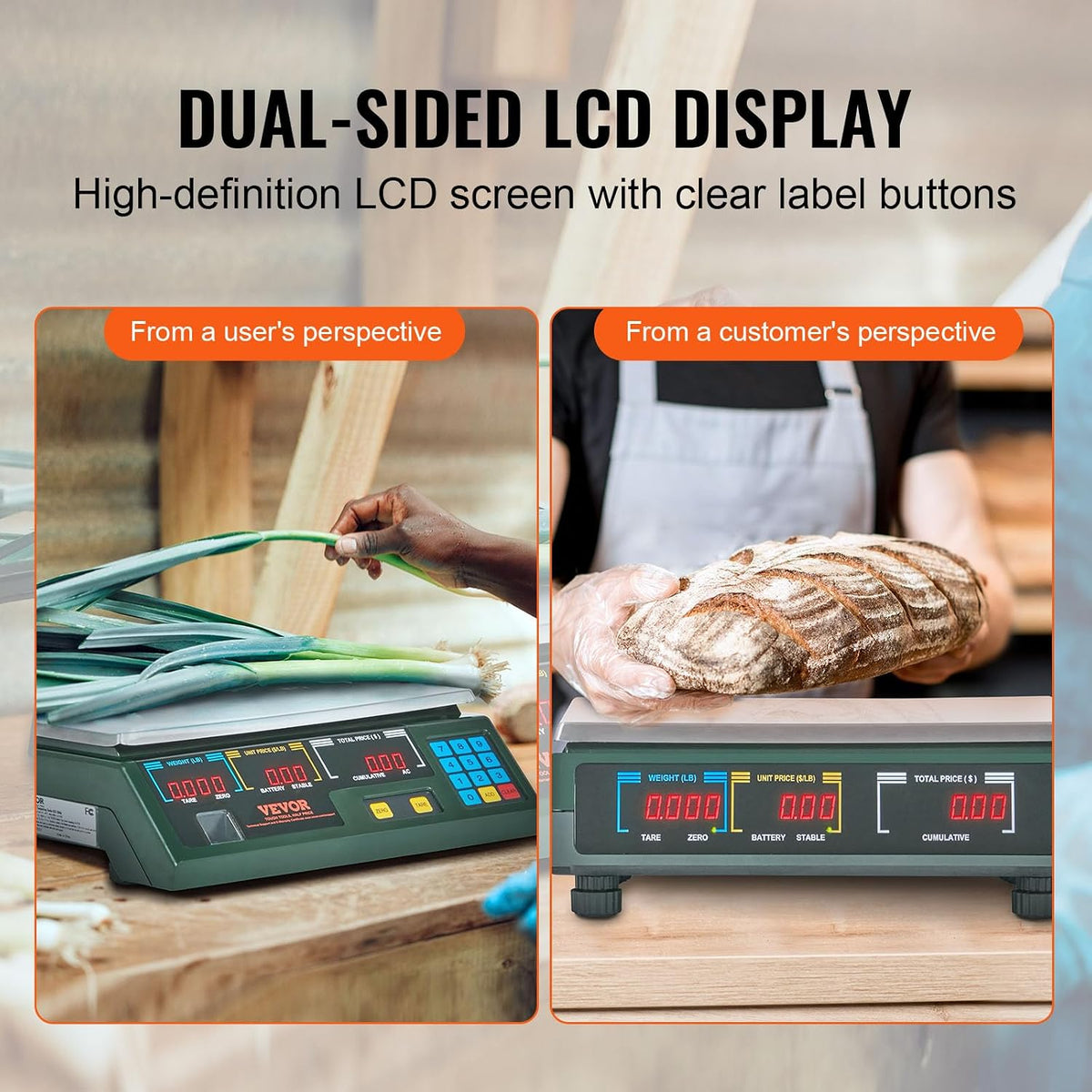 Digital Price Computing Scale 66 LB Weight Scales, Connectable to a Label Printer, Commercial Grade Dual LCD Display