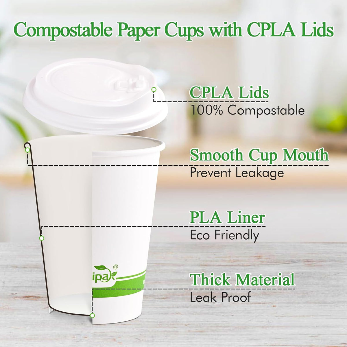 100 Count 12 oz Compostable Paper Coffee Cups with CPLA Lid