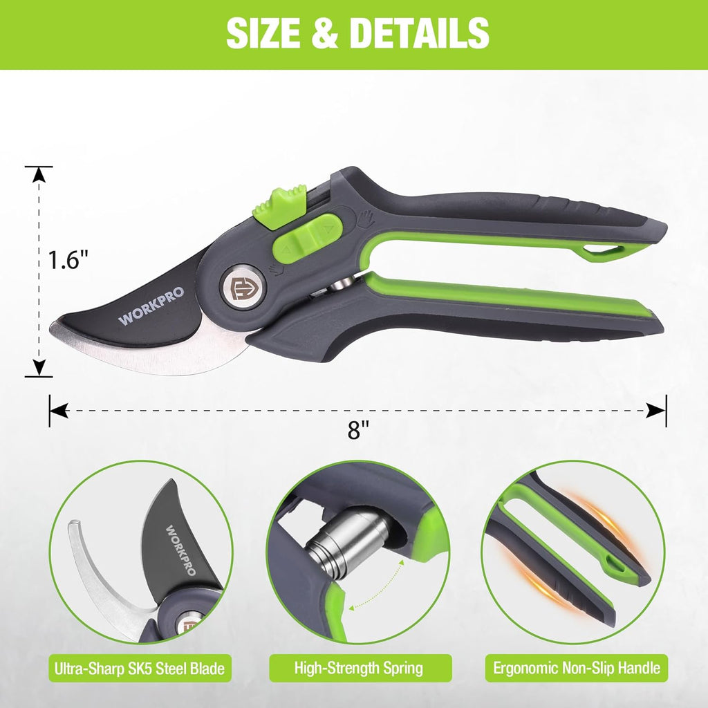 Bypass Pruning Shears for Gardening, 8" Garden Scissors with Dual-Size Opening for Thin & Thick Branches, Garden