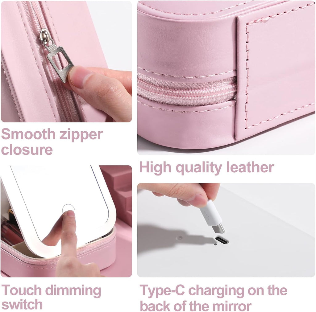 Travel Cosmetic Mirror Case LED Makeup Mirror Storage Case for Eyelash Station Brushes Cosmetic Tools Pink On-the-go
