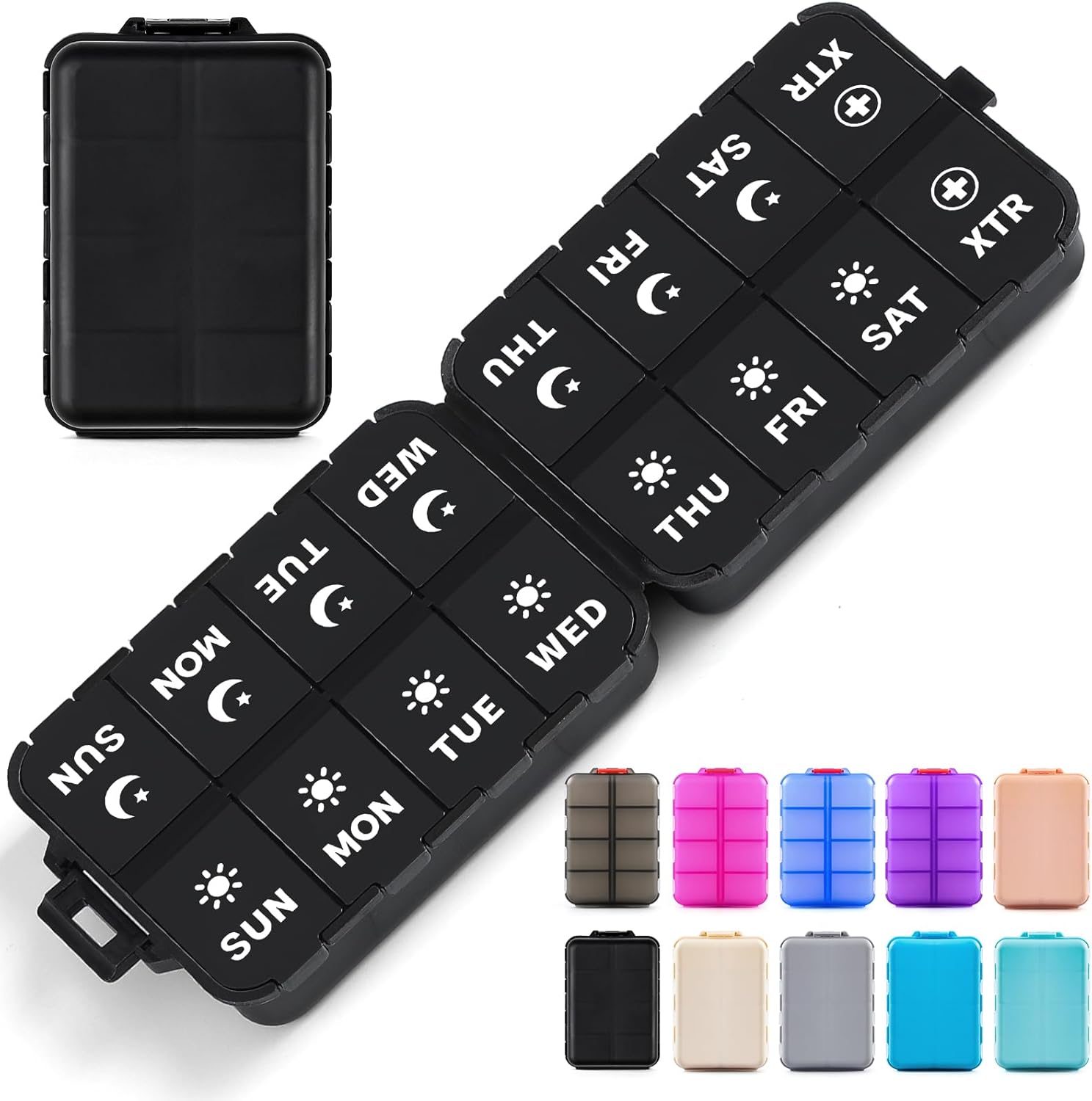 Foldable Weekly Pill Organizer 2 Times a Day with 2 Extra Compartments (Clear Printed Labels) - Portable 7 Day AM PM