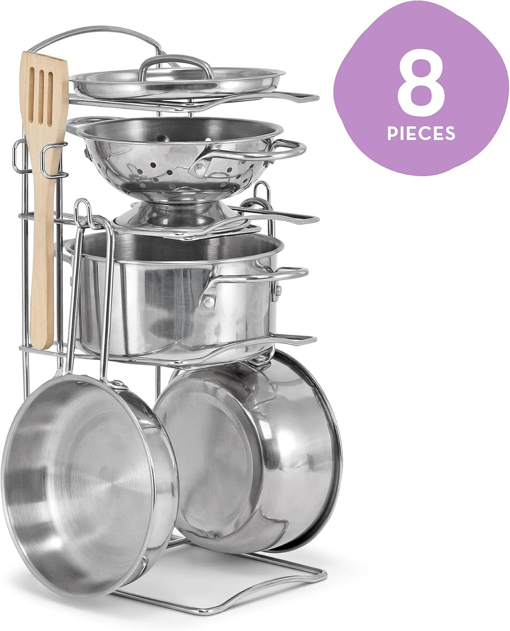 Melissa & Doug Stainless Steel Pots & Pans, 8 Piece Play Kitchen Set, Premium Play Kitchen Accessories & Cooking