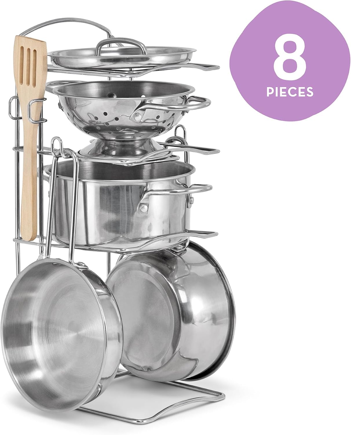 Melissa & Doug Stainless Steel Pots & Pans, 8 Piece Play Kitchen Set, Premium Play Kitchen Accessories & Cooking