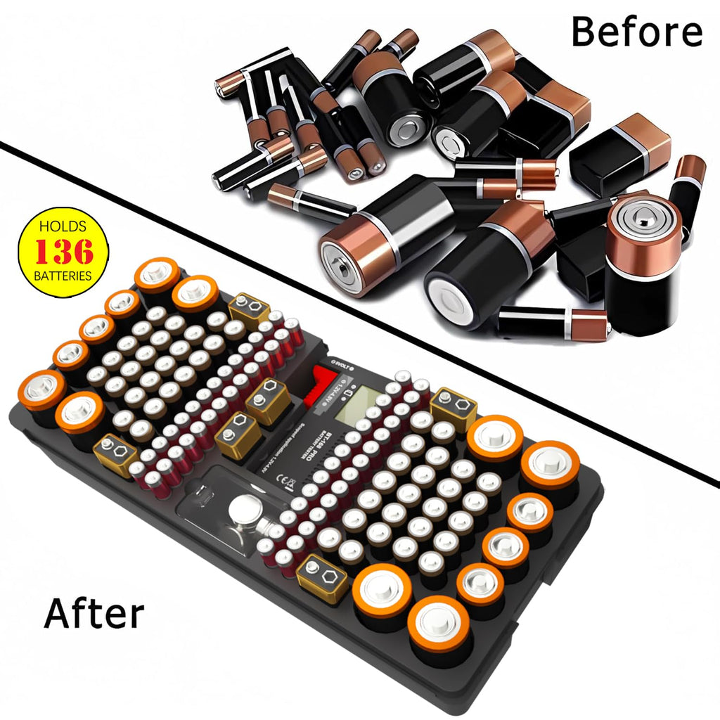 Battery Organizer Storage Case with Tester | Stores & Protects Up to 136 Batteries, Holds AAA AA C D 9V Button Cell
