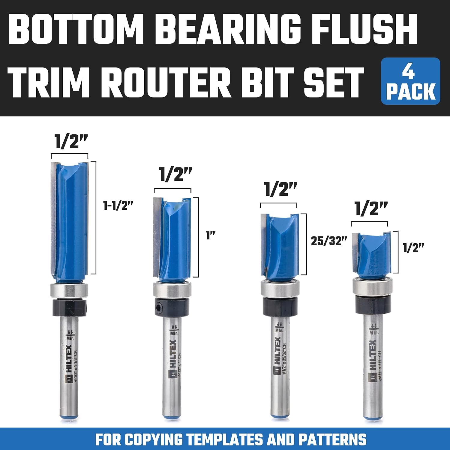 10103H Bottom Bearing Pattern Flush Trim Router Bit Set, 4 Pieces, 1/4 Inch Shank, CNC Woodworking Tool, 1/2" Cutting