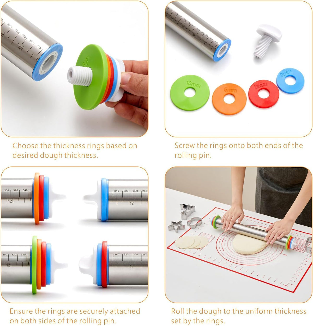 Rolling Pin with Thickness Rings, Fulimax 17" Adjustable Stainless Steel Rolling Pins for Baking, Dough Roller for