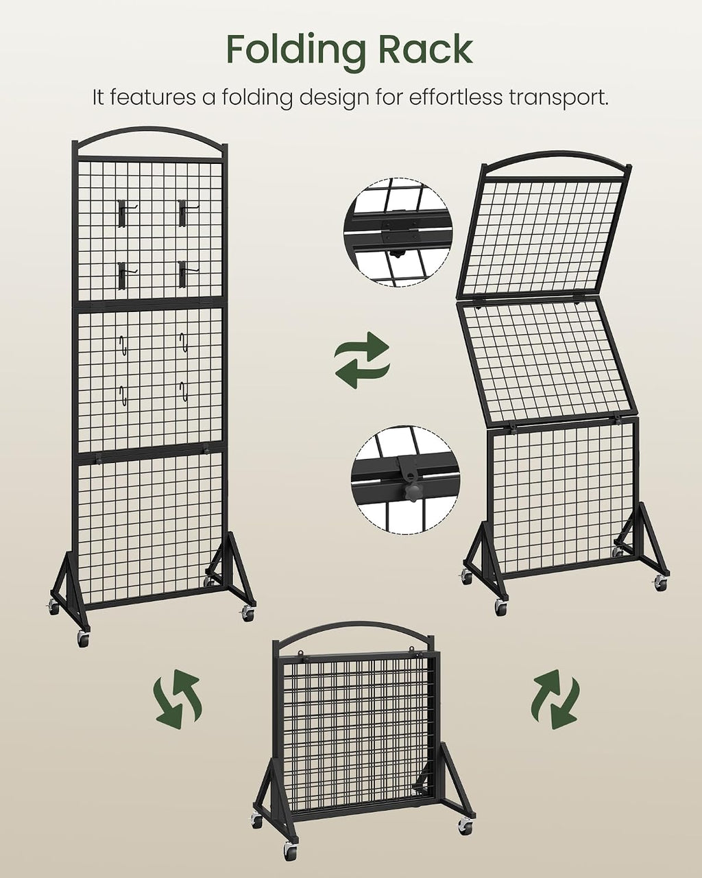 Foldable Grid Wall Panel 1.9' x 5.6' FT, Movable Gridwall Display Rack, Wire Grid Rack on Wheels, Retail Display