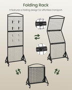 Foldable Grid Wall Panel 1.9' x 5.6' FT, Movable Gridwall Display Rack, Wire Grid Rack on Wheels, Retail Display