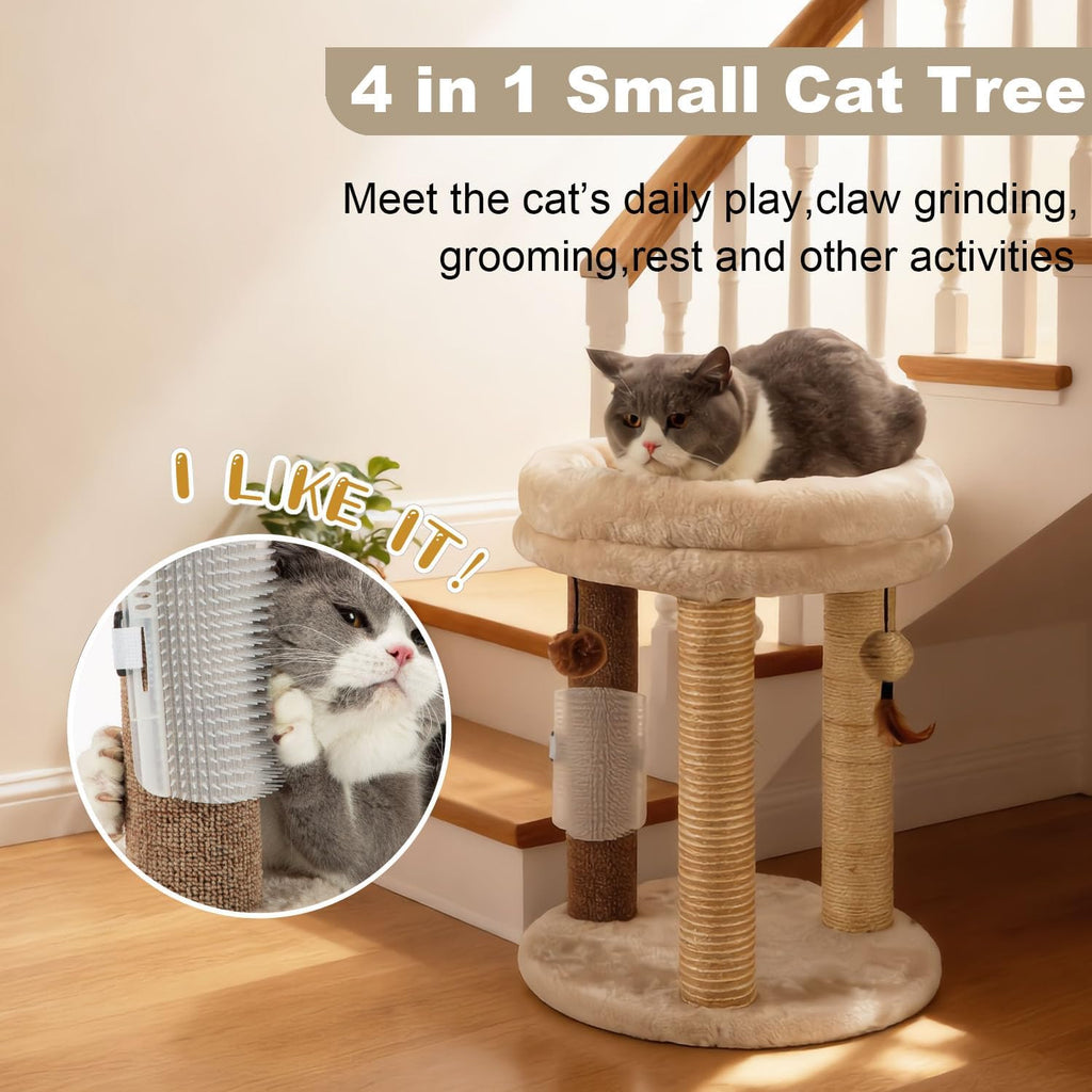 4in1 Small Cat Tree,Scratching Post with Tower Soft Bed, Sisal Carpet Jute Posts with Three Hanging Ball Toys and