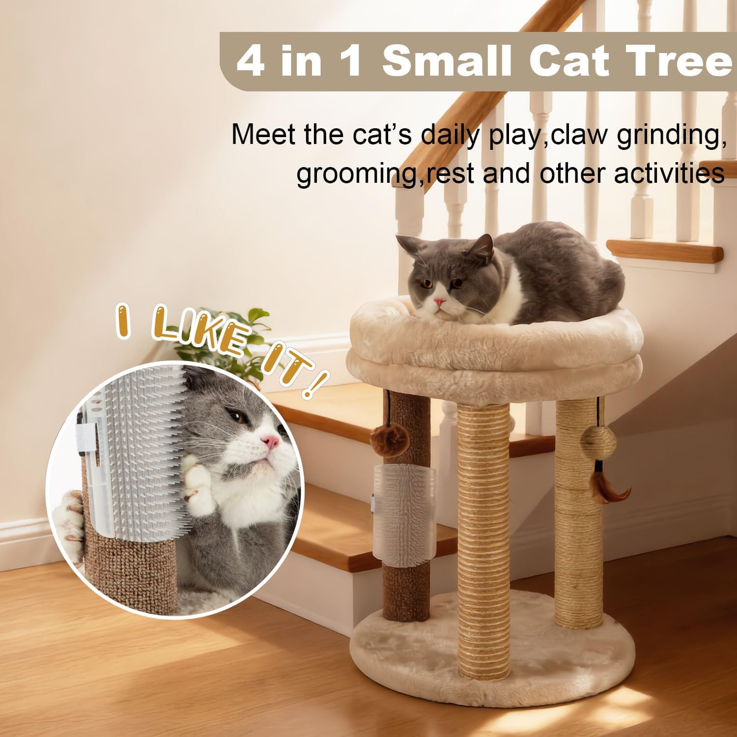 4in1 Small Cat Tree,Scratching Post with Tower Soft Bed, Sisal Carpet Jute Posts with Three Hanging Ball Toys and