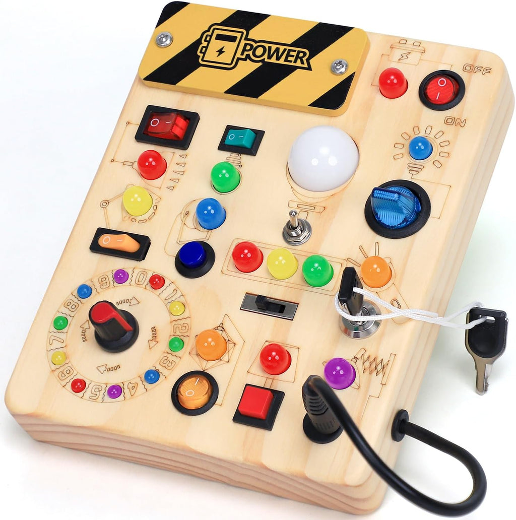 Busy Board with LED Light Switches, Montessori Toys for 1 2 3 Years Old, Toddlers Wooden Toy Sensory Activity Board