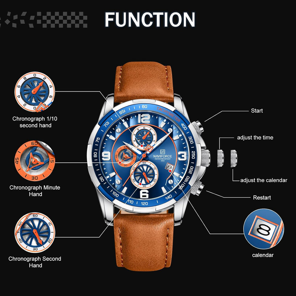Sport Watches for Men Analog Quartz Chronograph Leather Strap Wrist Watch