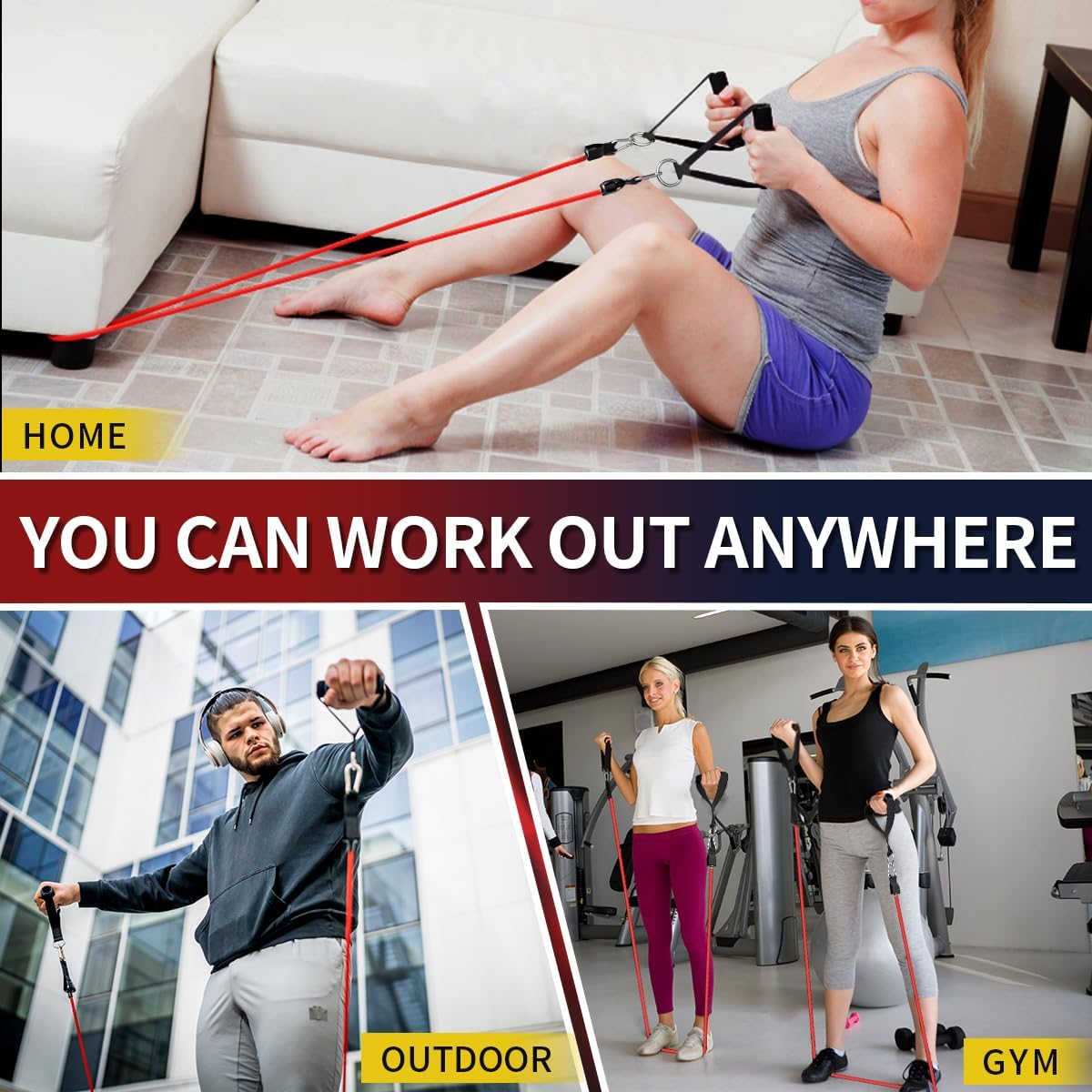 Resistance Bands with Handles, 5-Level Exercise Bands for Workout | Natural latex,10-50 lbs, stackable to 150,Ankle
