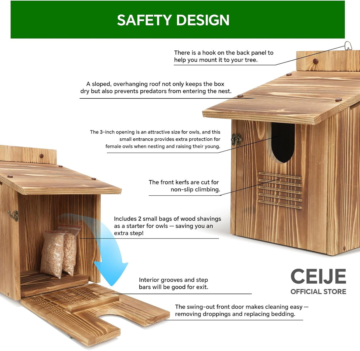 Owl Houses for Outdoors, Large Barn Owl Nesting Box, Durable Carbonized Wood for Natural Waterproofing, Assembly