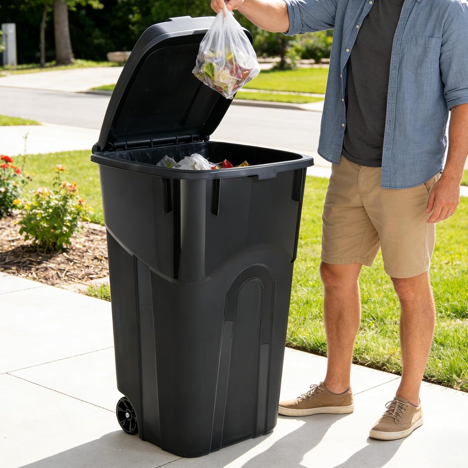 32 Gallon Outdoor Trash Can, Garbage Can with Wheels & Lid, Garbage Bin for Kitchens, Bedrooms, Garages, Gardens, and
