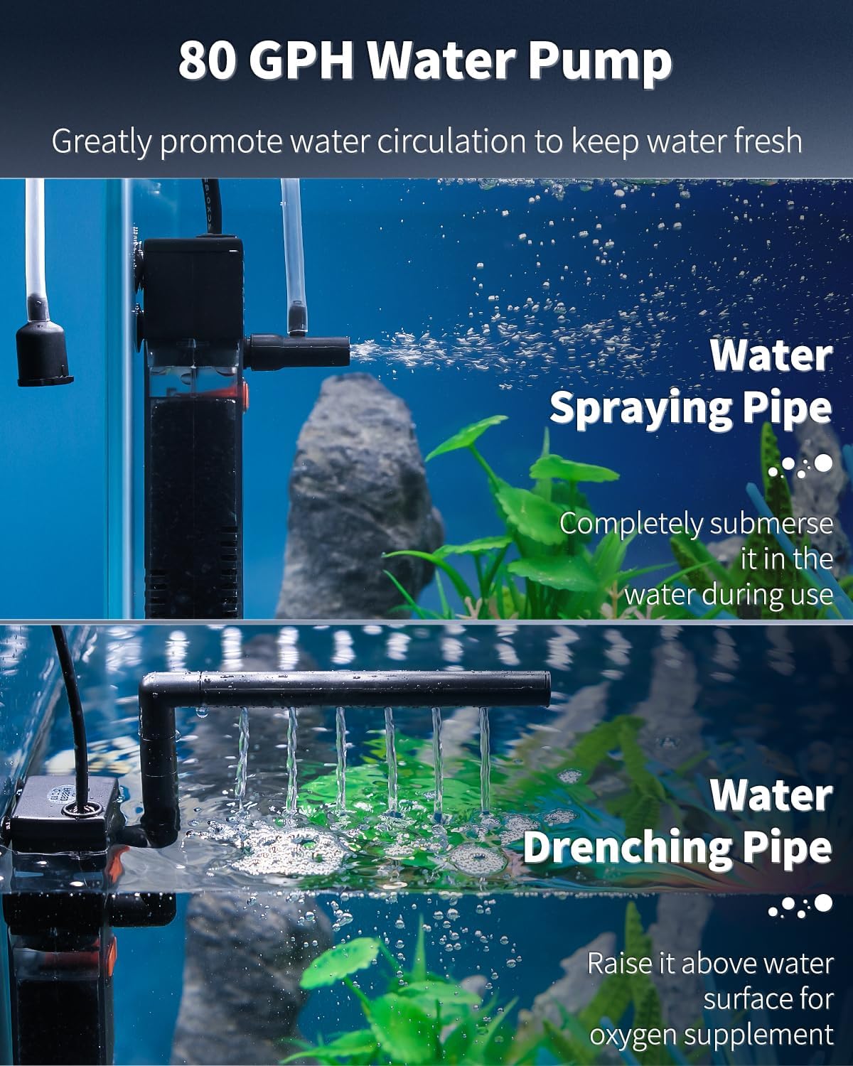 Internal Aquarium Filter with 80 GPH Water Pump Quiet Submersible Bio Sponge Foam Filter for 10 to 20 Gallon Fish