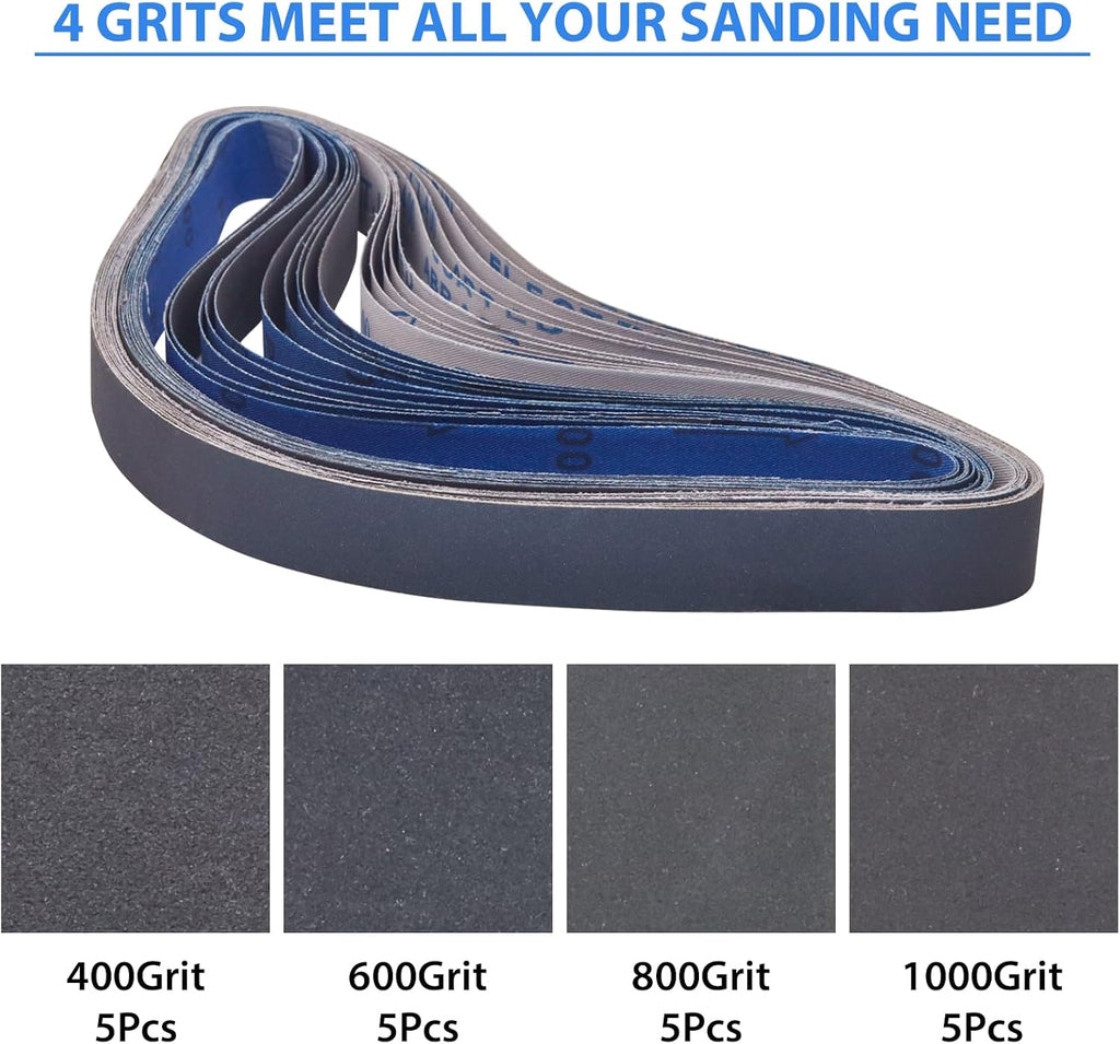 20 Pcs 1x30 Sanding Belts 400, 600, 800, 1000 Fine Grit Kit
