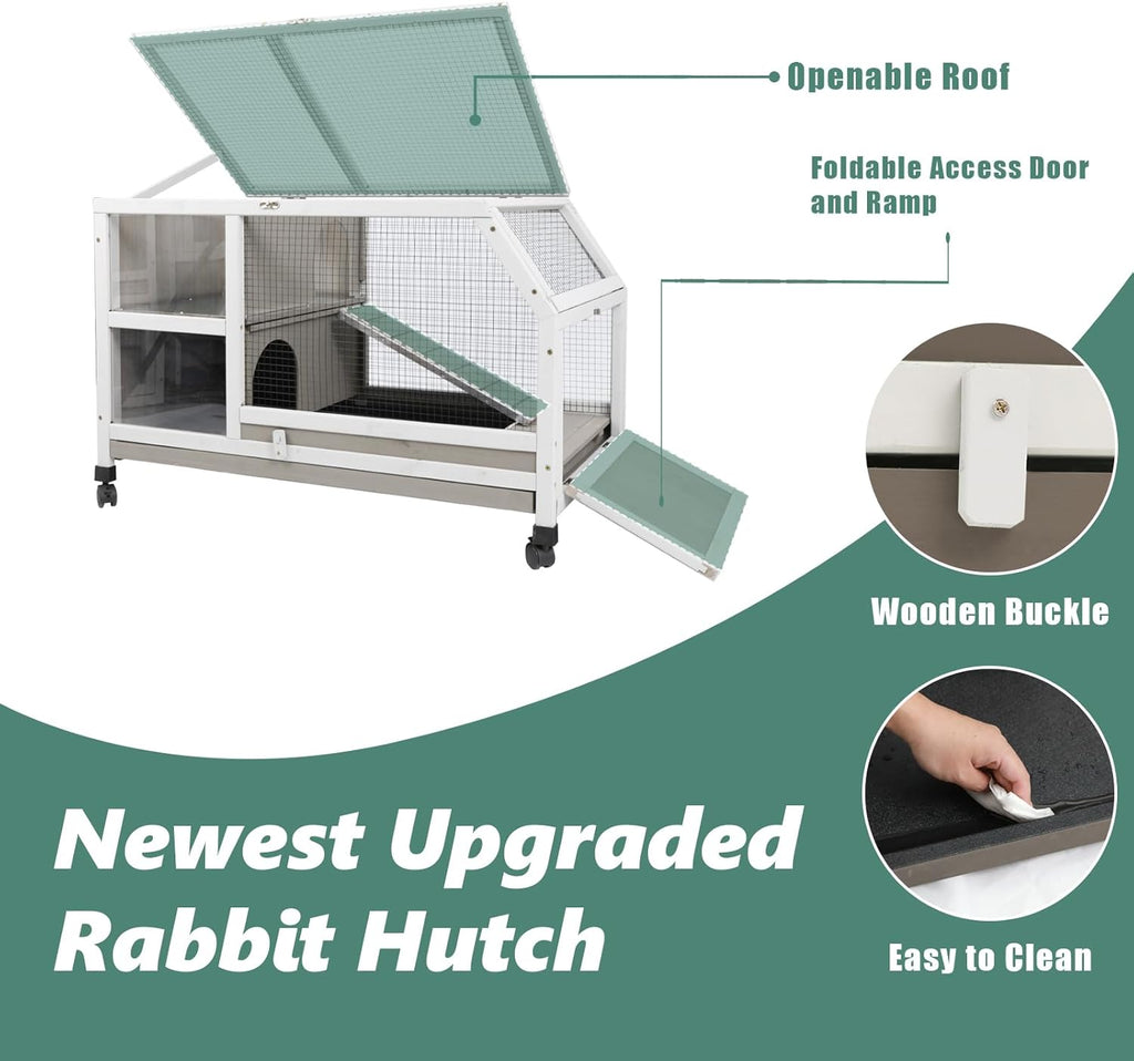 Indoor Rabbit Hutch - 36''L Outdoor Wooden Bunny Hutch with Wheels Rabbit Cage Guinea Pig Cages Removable Pull Out