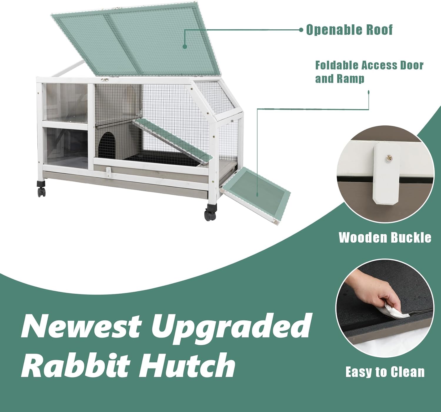 Indoor Rabbit Hutch - 36''L Outdoor Wooden Bunny Hutch with Wheels Rabbit Cage Guinea Pig Cages Removable Pull Out