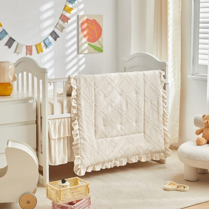 Tufted Ruffle Crib Bedding Set 3 Pieces Baby Boho Quilted Comforter with Fitted Sheet and Bed Skirt - Cute Ruffled