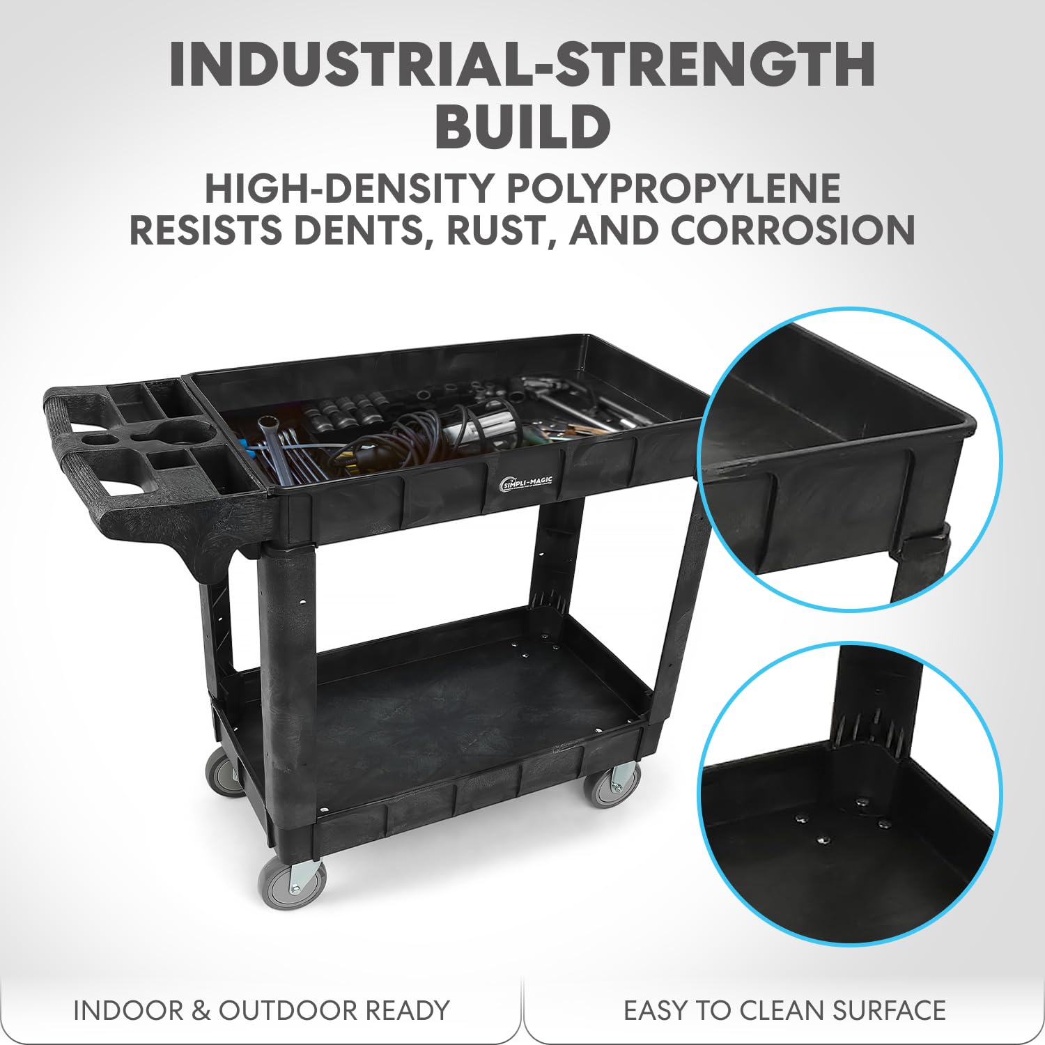 Simpli-Magic Rolling Utility Cart on Wheels, Heavy Duty with Ergonomic Handle, Deep Shelfs for Garage, Warehouse