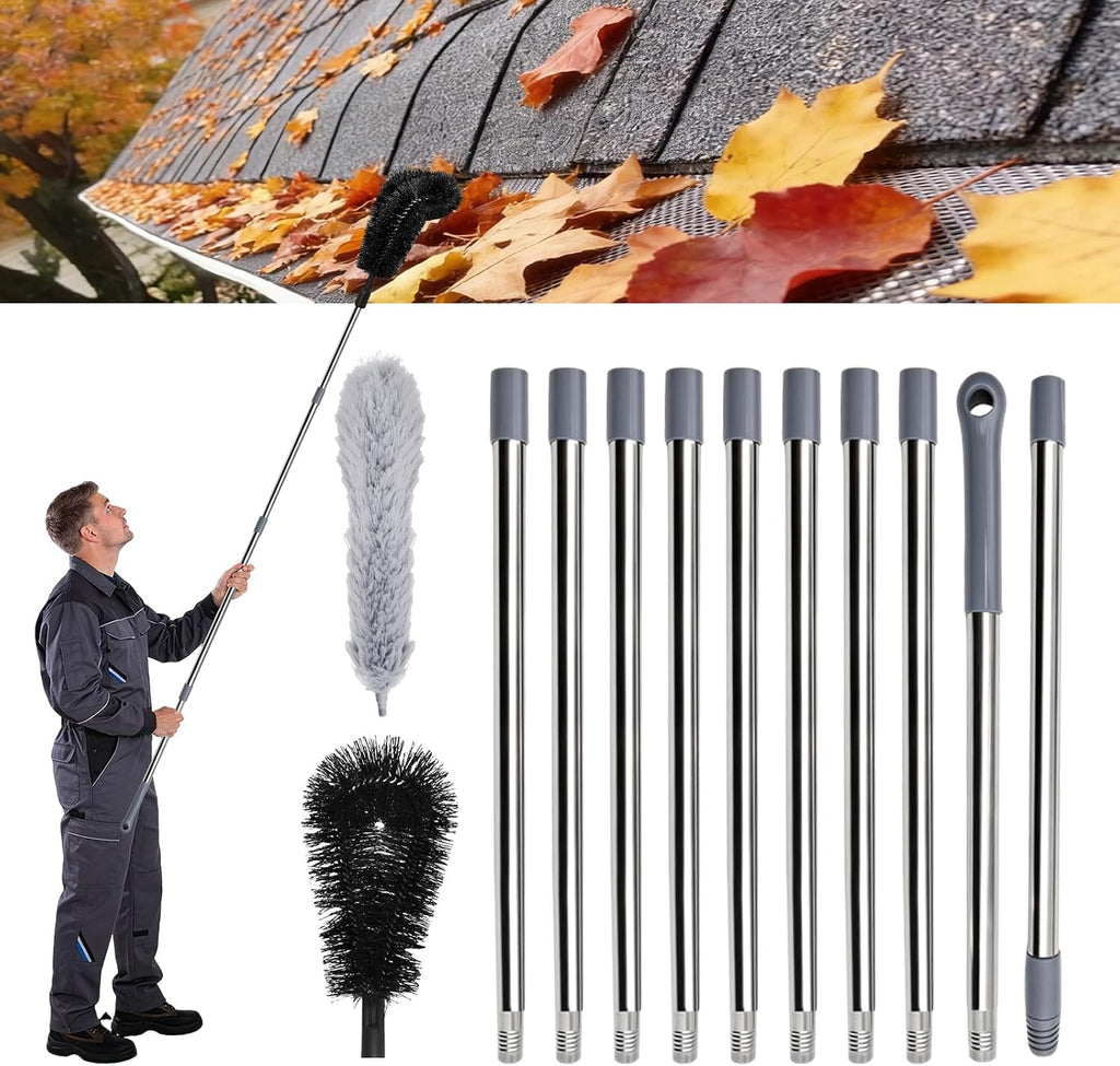 12.6 FT Telescopic Gutter Cleaning Tool from The Ground, 10-Section Adjustable Length with Two Different Brushes for