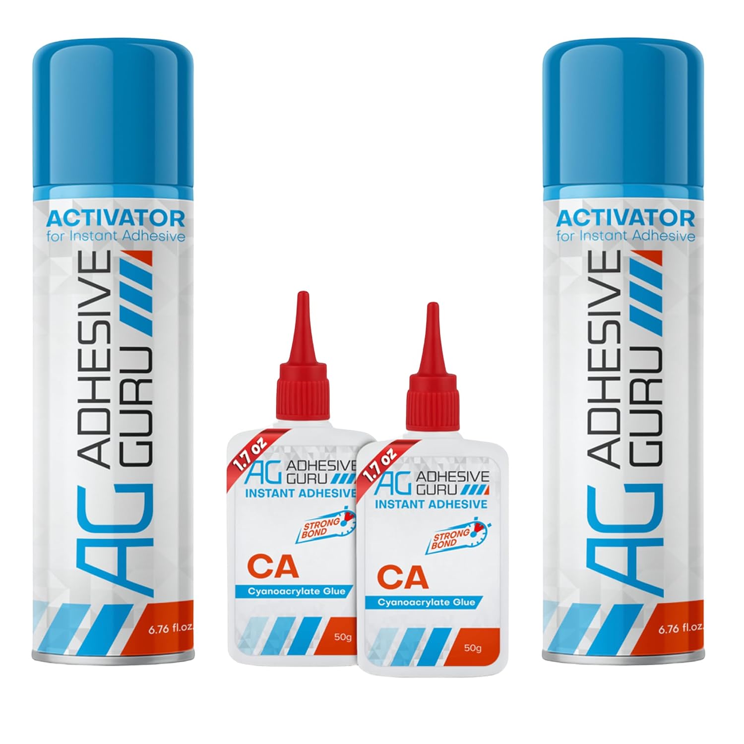 Adhesive Guru CA Glue with Activator (2x1.7 oz - 2x6.76 fl oz) - Premium Cyanoacrylate Super Glue for Woodworking
