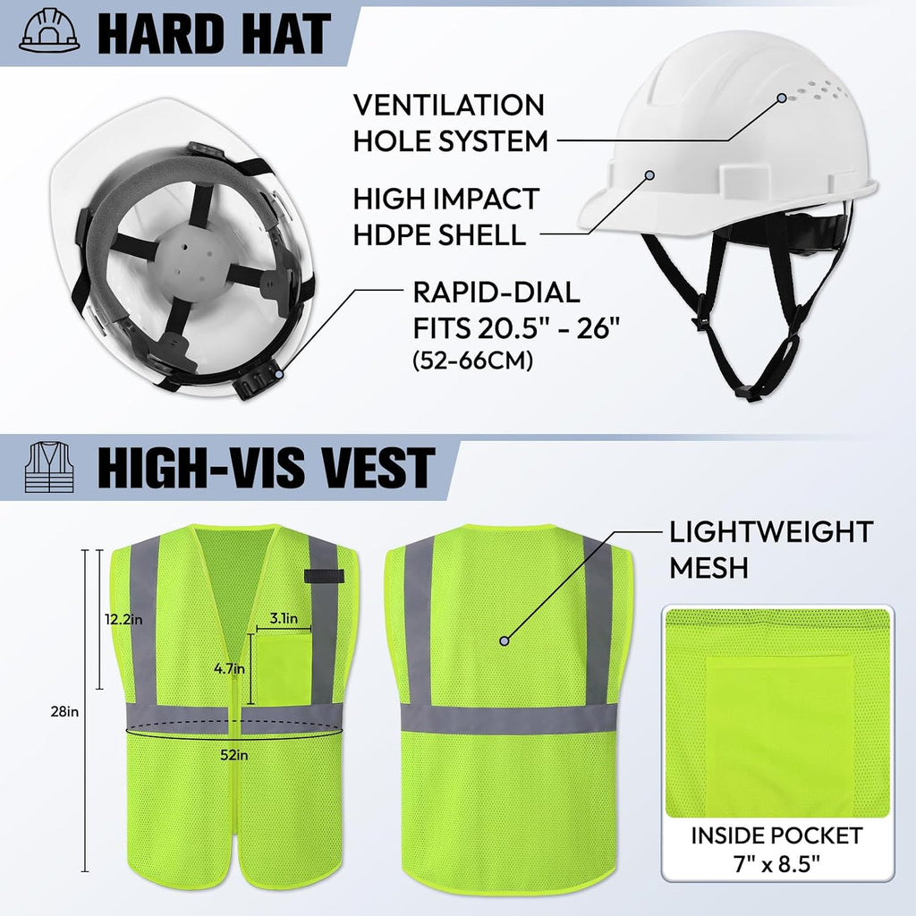 Vented Hard Hat, Safety Vest & Glasses, Work Gloves, Earplugs