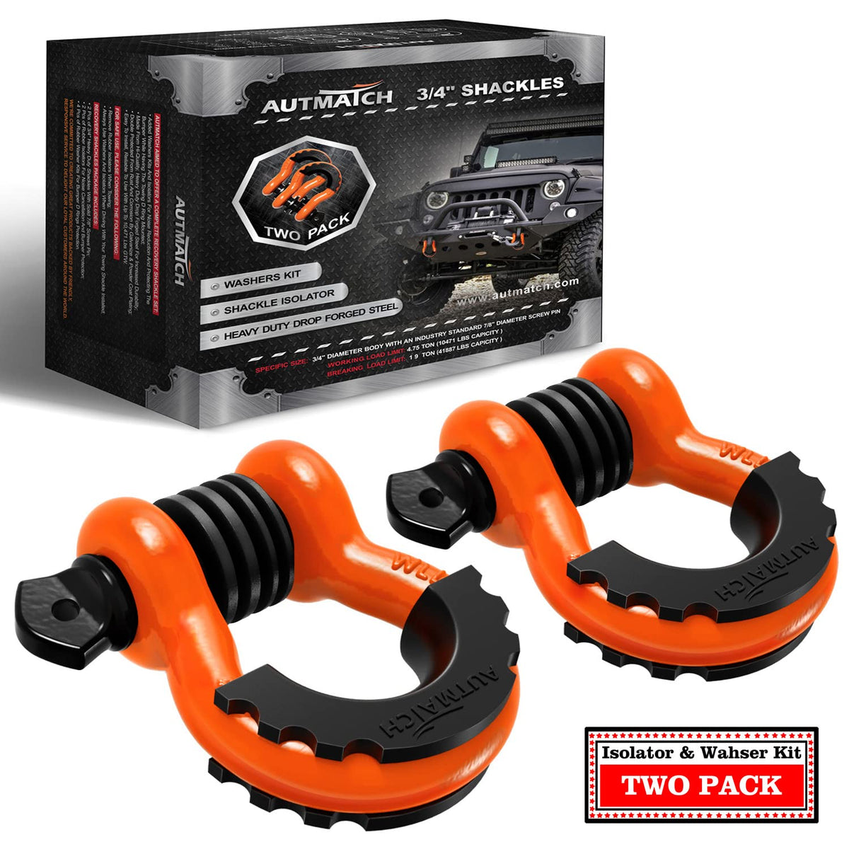 3/4" D Ring Shackles (2-Pack) - 41,887 lbs Break Strength