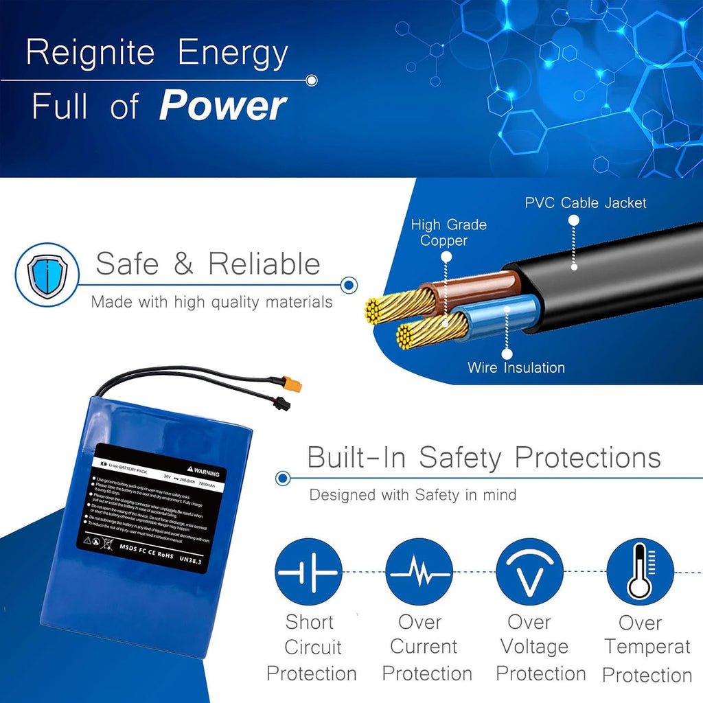 36V 7800mAh Battery Replacement for Gotrax Flex & Gyroor, 280Wh High-Performance Lithium Battery Pack with XT60/SM Connector